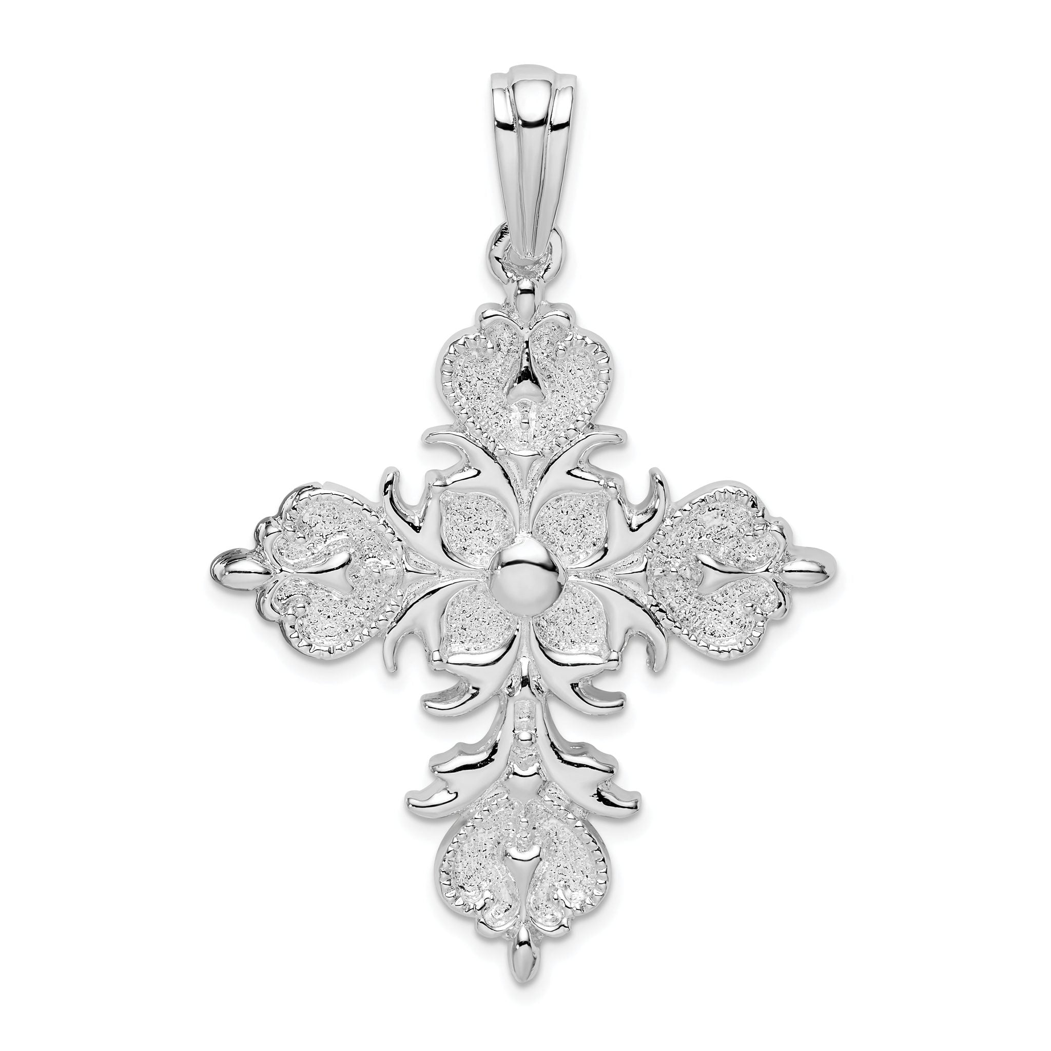 De-Ani Sterling Silver Rhodium-plated Polished and Textured Fleur de Lis Cross Pendant Main image