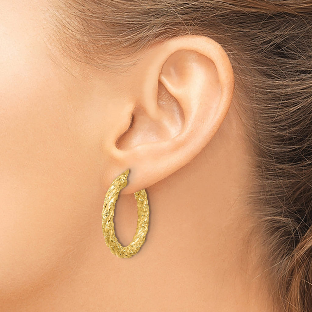 14k Polished and Textured Twisted Circle Hoop Earrings