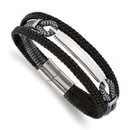 Stainless Steel Polished Multi Strand Black Leather and Black and Grey Cotton ID Bracelet