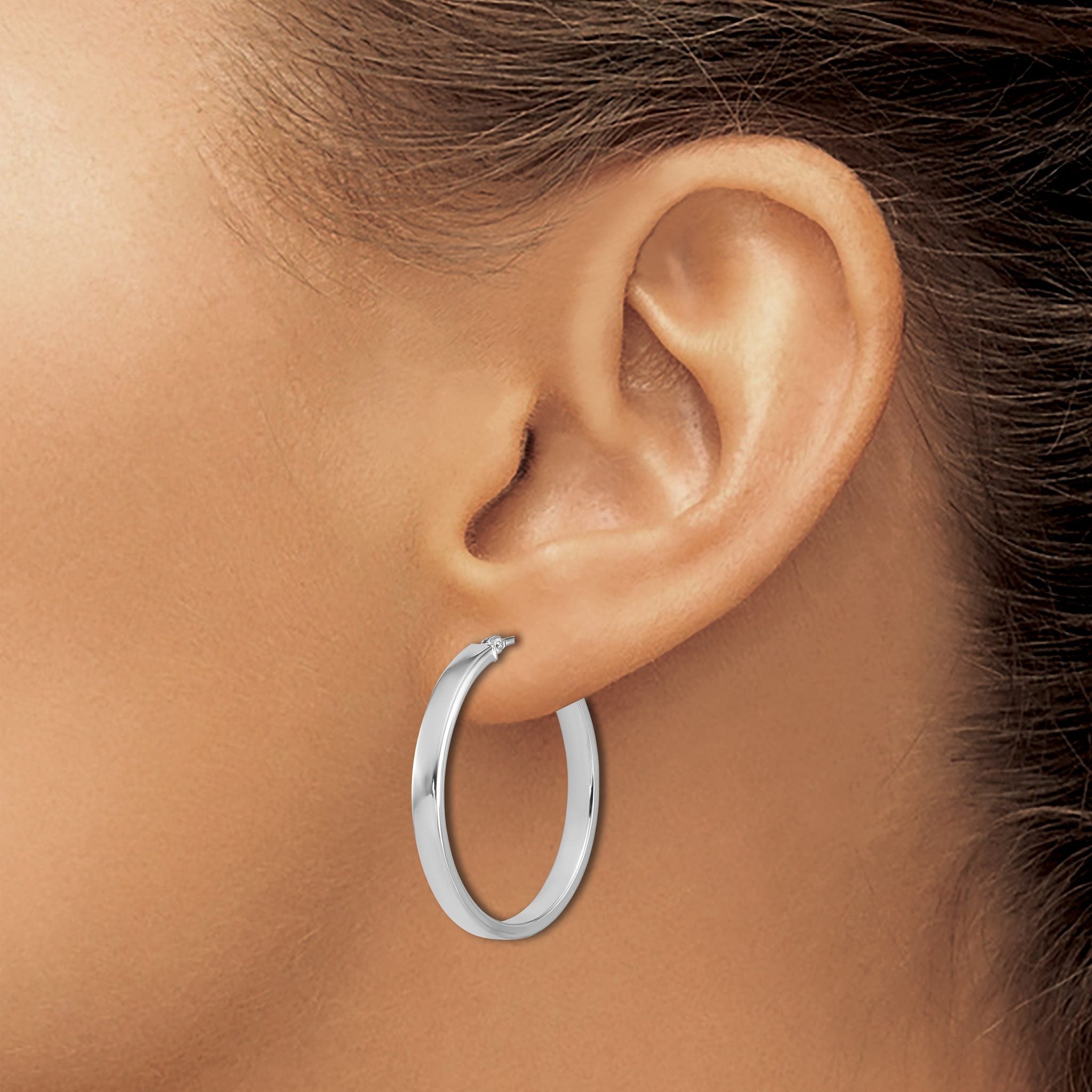 14K White Gold Square Tube Round Hoop Earrings