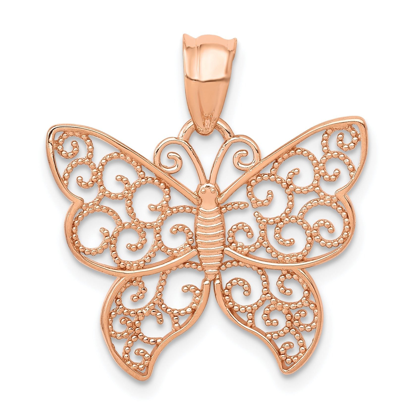 14K Rose Gold Filigree Butterfly Pendant with Polished Finish Elegant Design