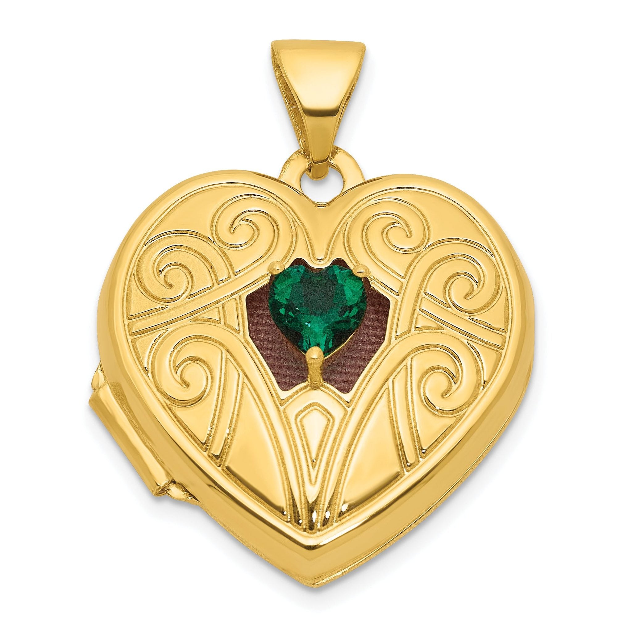 14k Polished Lab Created Emerald May Birthstone 18mm Heart Locket Main image