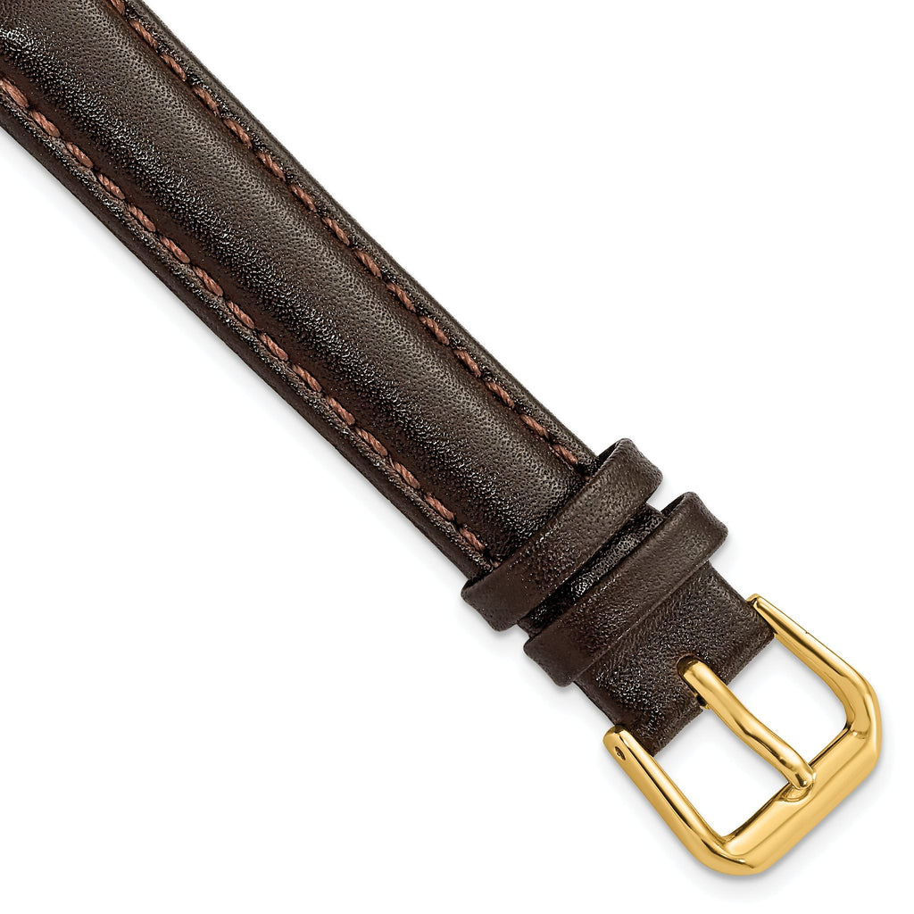 Smooth Leather Watch Band in Dark Brown with Gold-Tone Buckle, 19mm