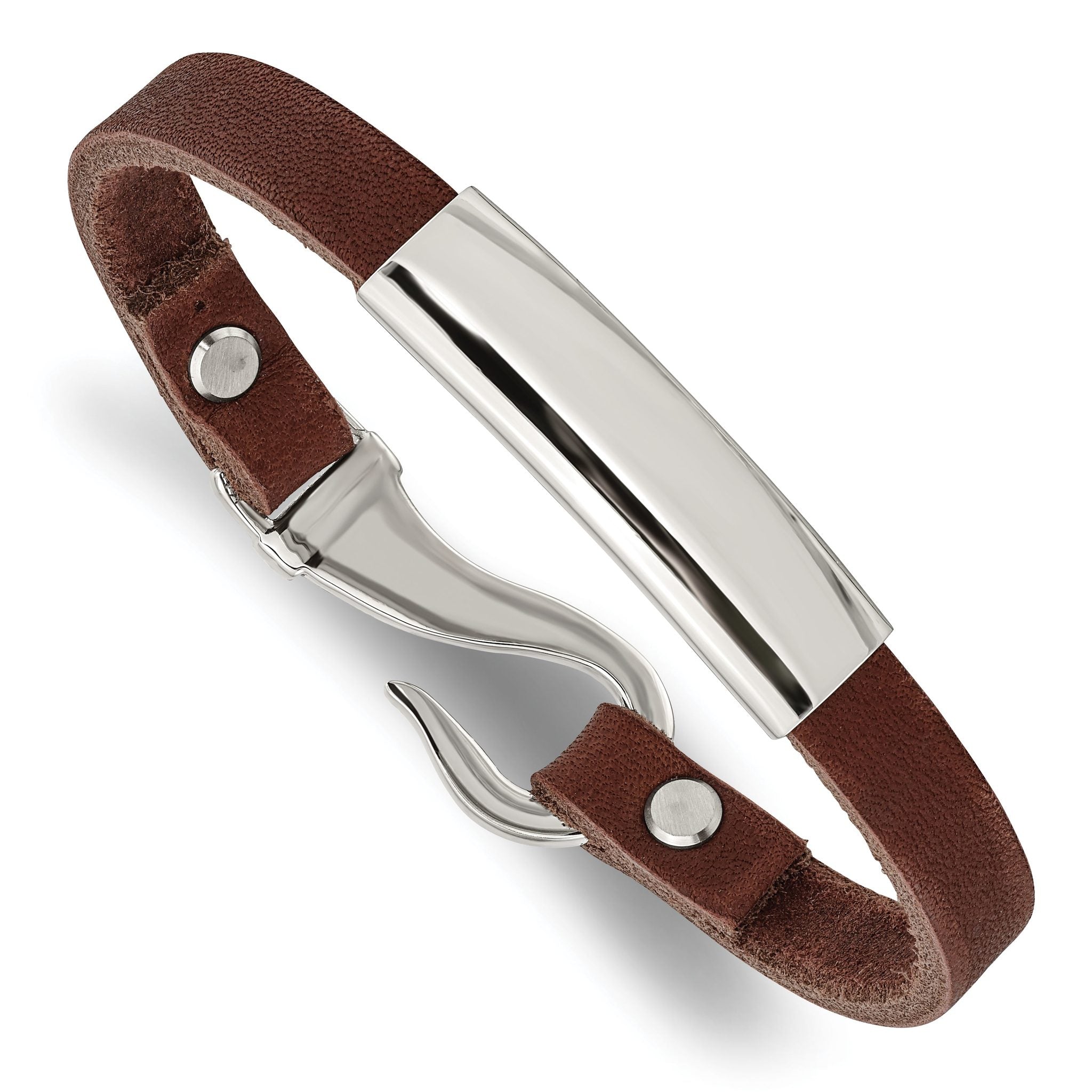 Stainless Steel Polished Brown Leather ID Bracelet for Men Main image