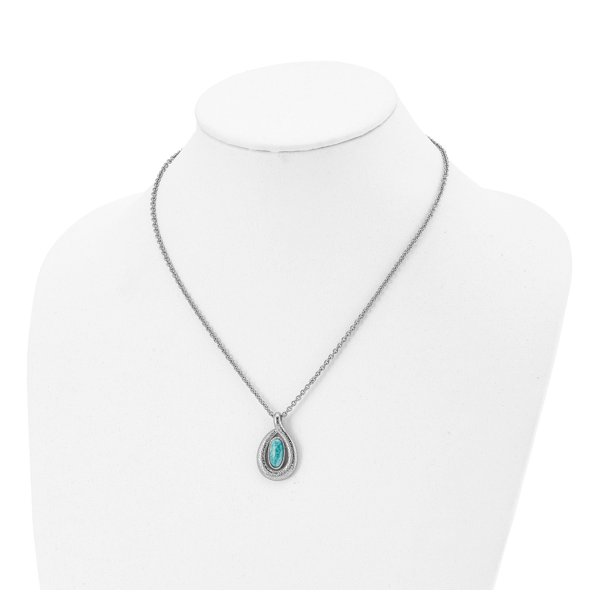 Stainless Steel Polished/Textured Synthetic Dyed Jade w/2in ext. Necklace