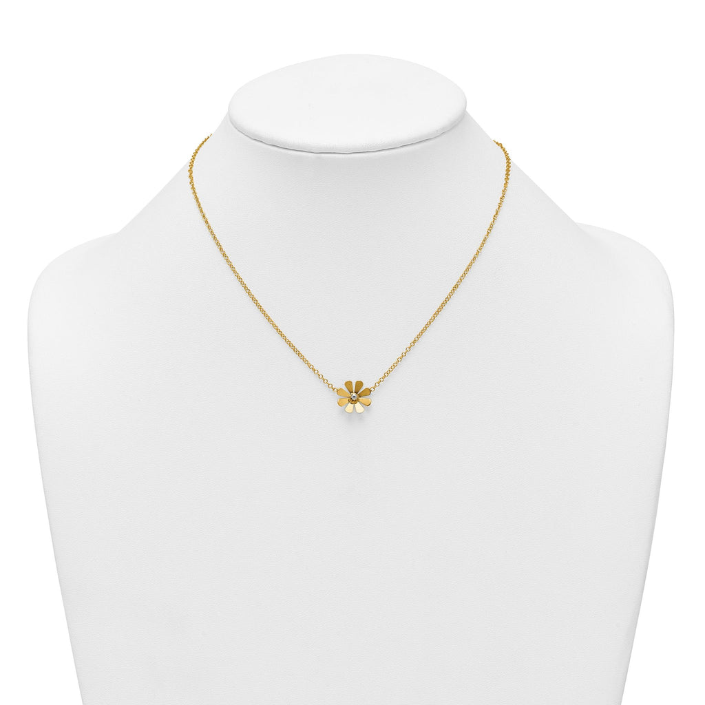 14k Polished Daisy with White Rhodium Center 16 inch Necklace with 2 inch Extender