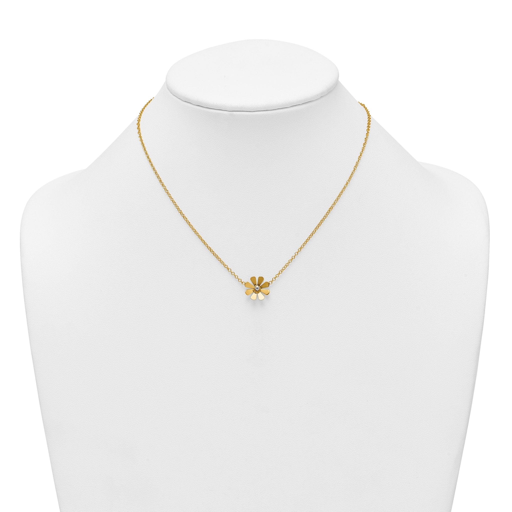 14k Polished Daisy with White Rhodium Center 16 inch Necklace with 2 inch Extender