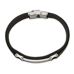 Stainless Steel Polished Black Leather ID Bracelet for Men
