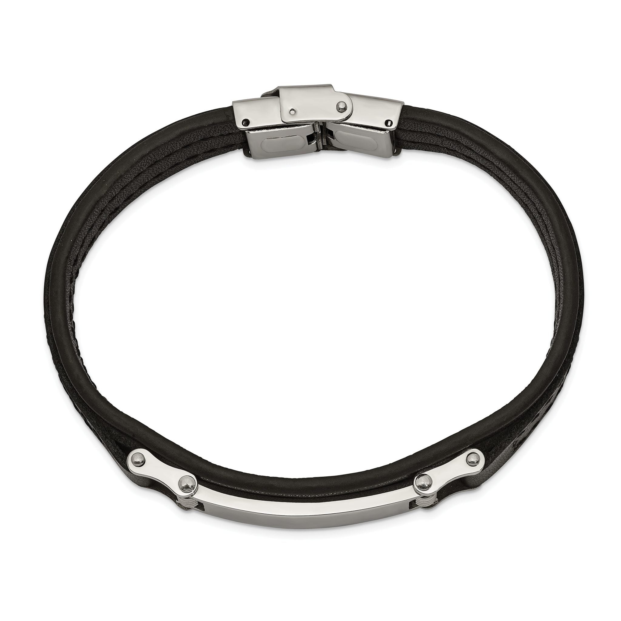 Stainless Steel Polished Black Leather ID Bracelet for Men