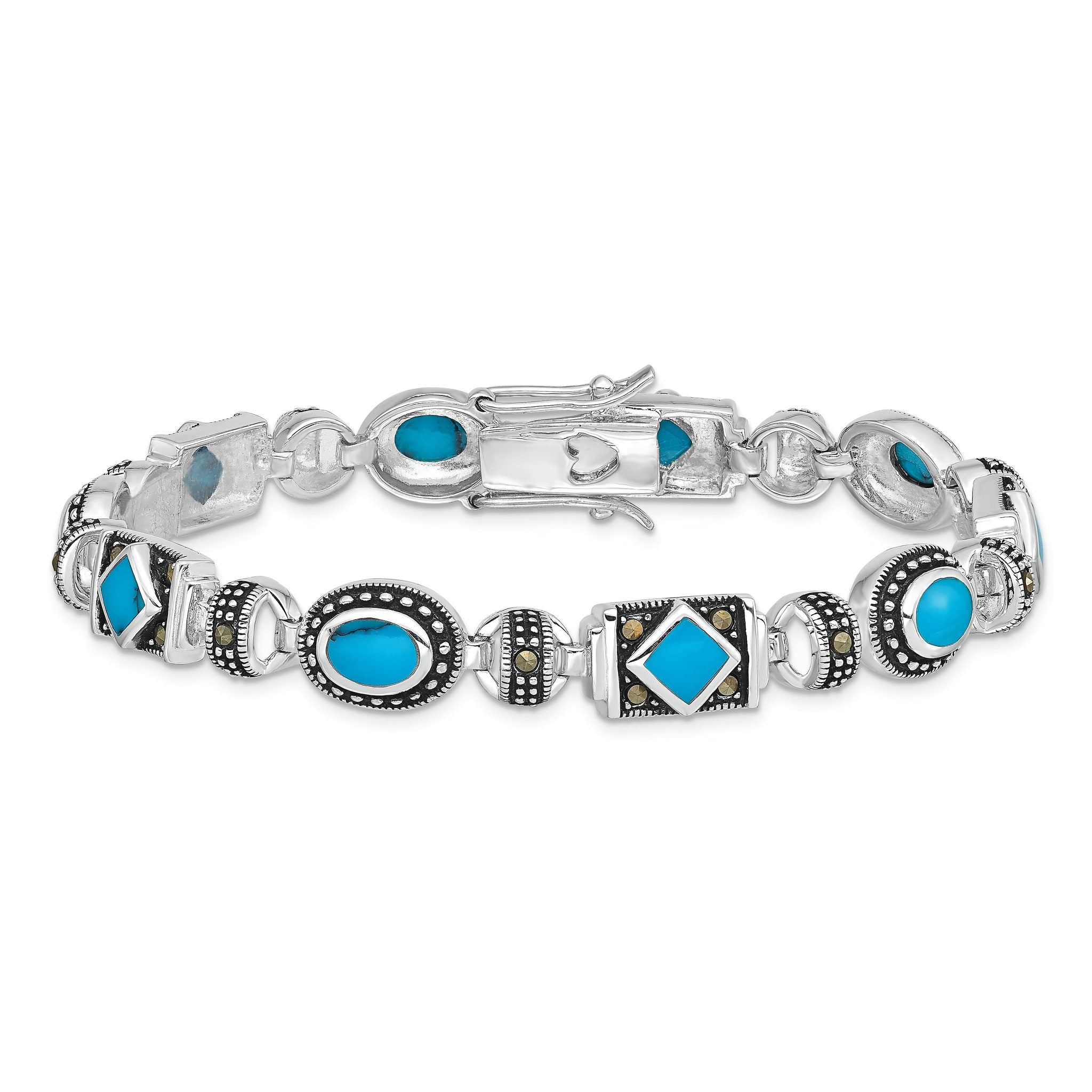 Sterling Silver Rhodium-plated Synth Turquoise and Marcasite Bracelet