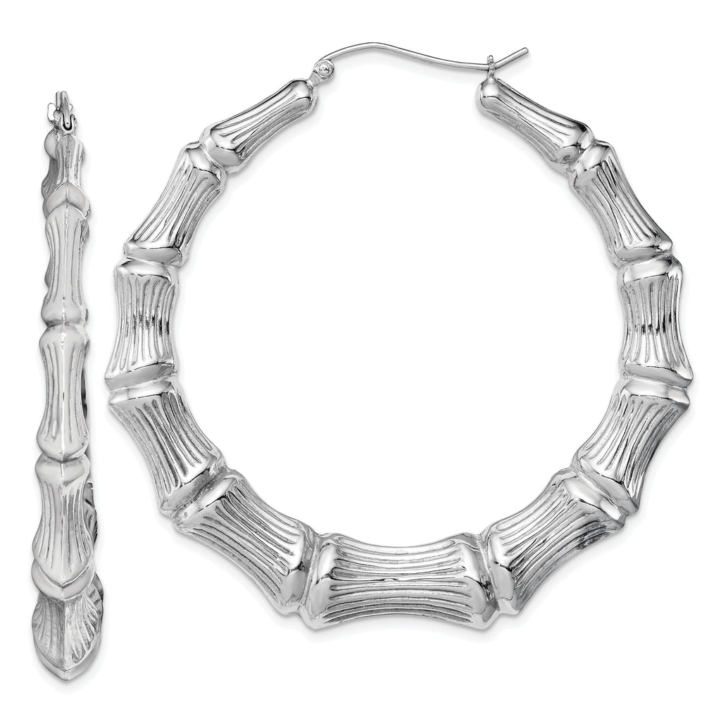 Sterling Silver Rhodium-plated Bamboo Round Hoop Earrings