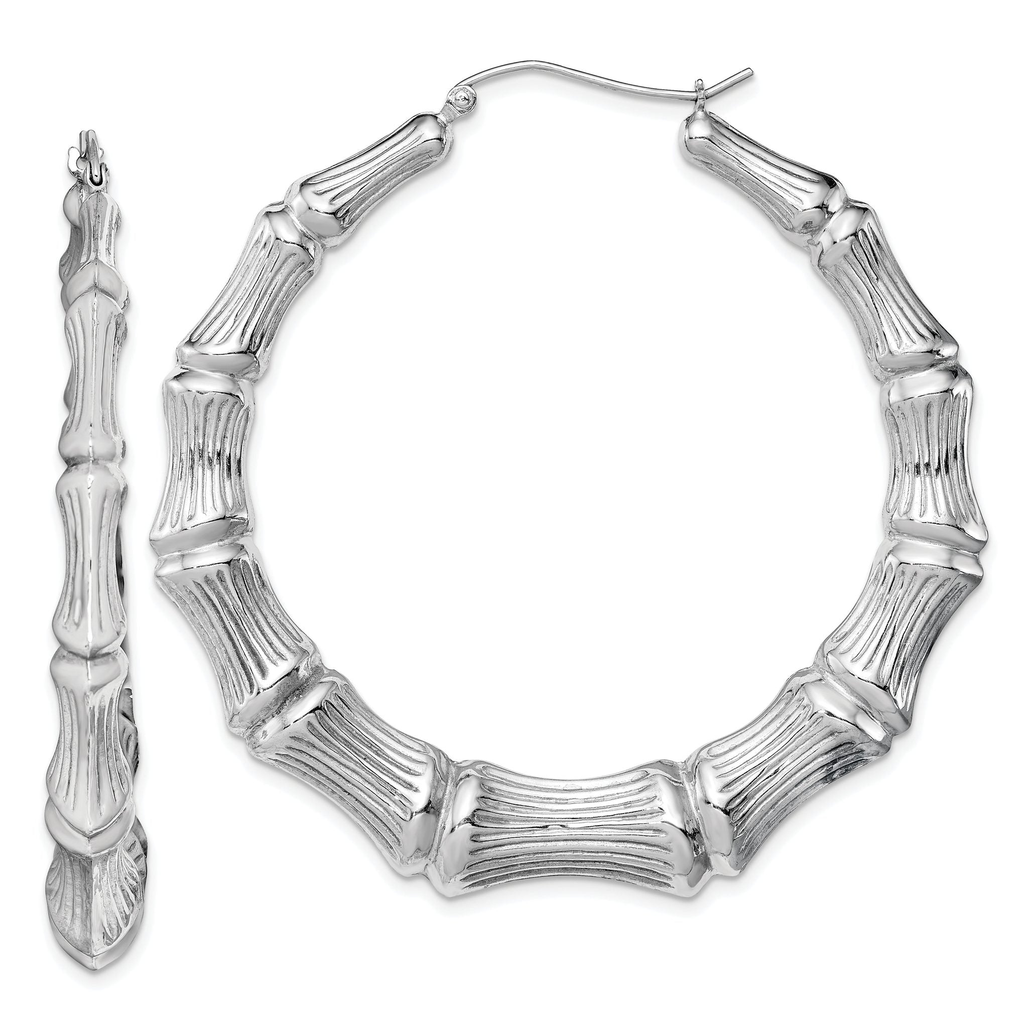 Sterling Silver Rhodium-plated Bamboo Round Hoop Earrings