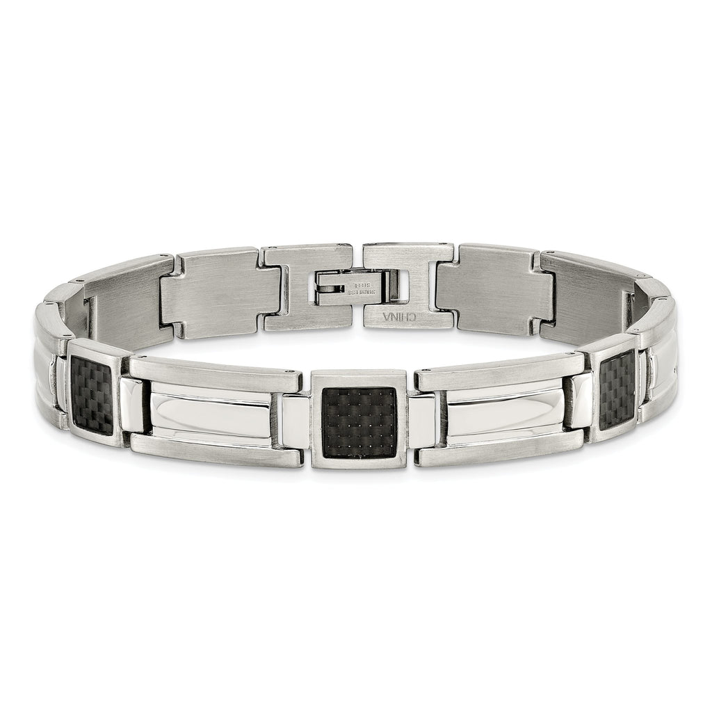 Stainless Steel Polished with Black Carbon Fiber Inlay Link Bracelet for Men