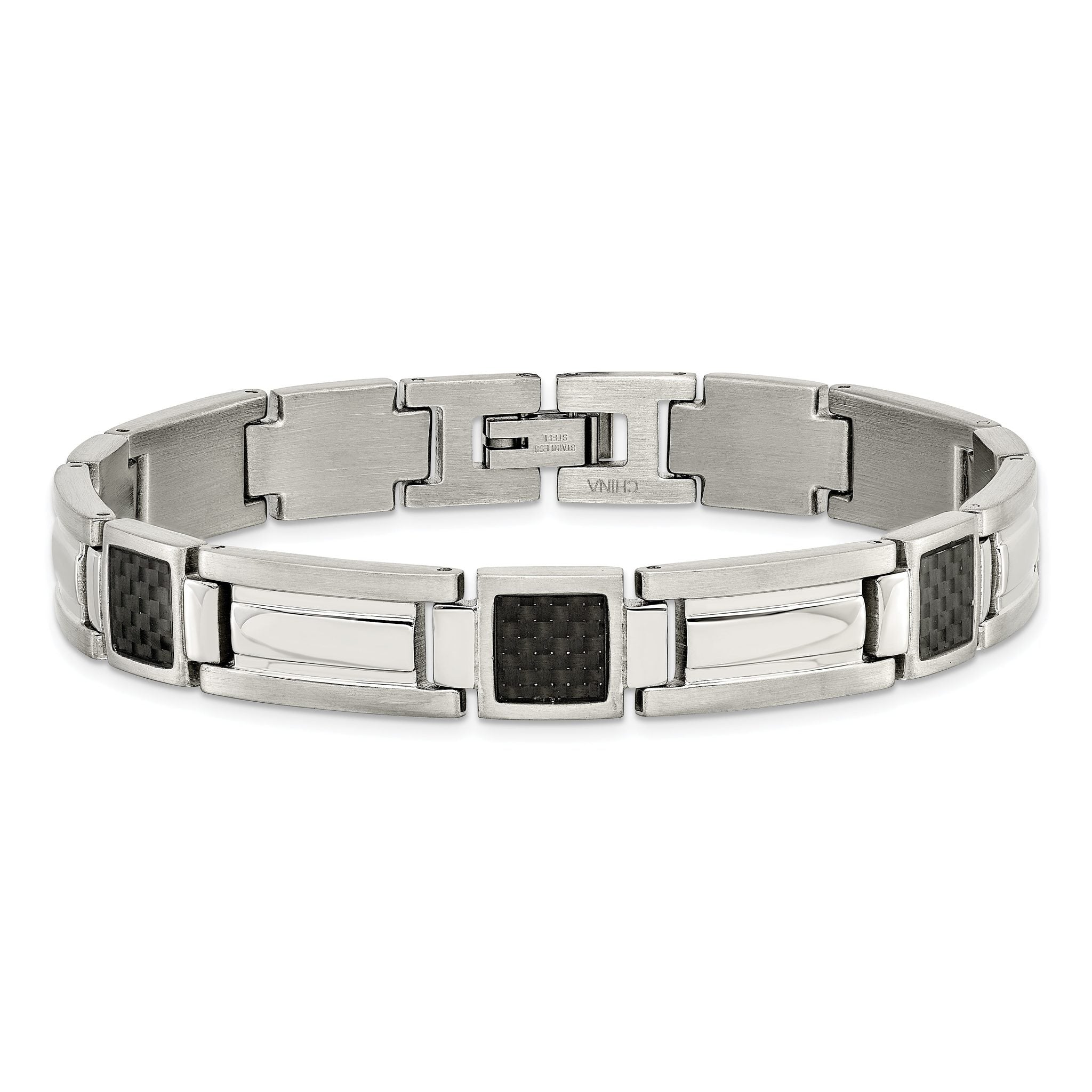 Stainless Steel Polished with Black Carbon Fiber Inlay Link Bracelet for Men
