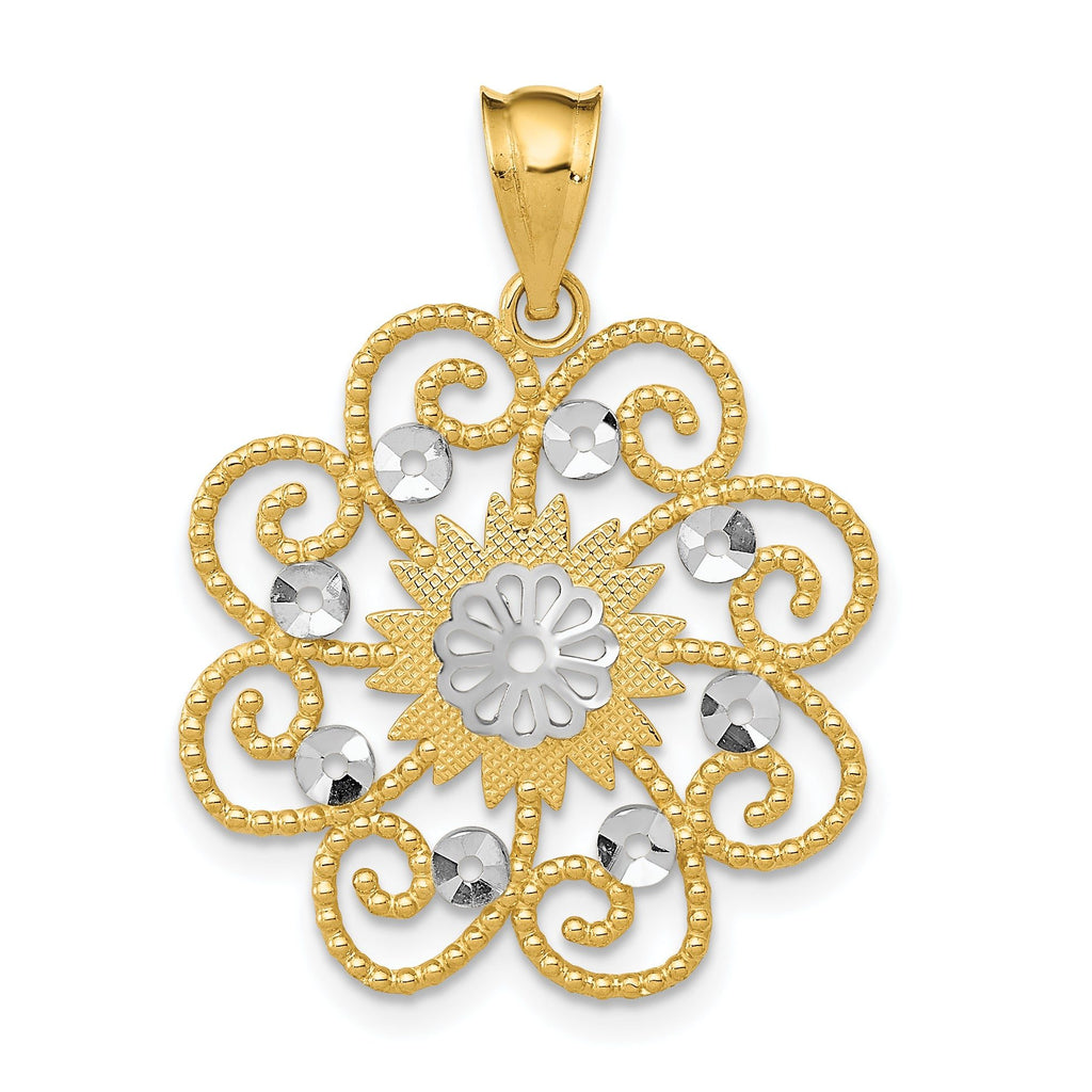 14K Gold and Rhodium Swirl Pendant with Diamond-Cut Detailing Elegant Round Design