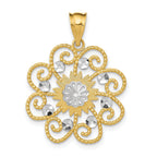 14K Gold and Rhodium Swirl Pendant with Diamond-Cut Detailing Elegant Round Design