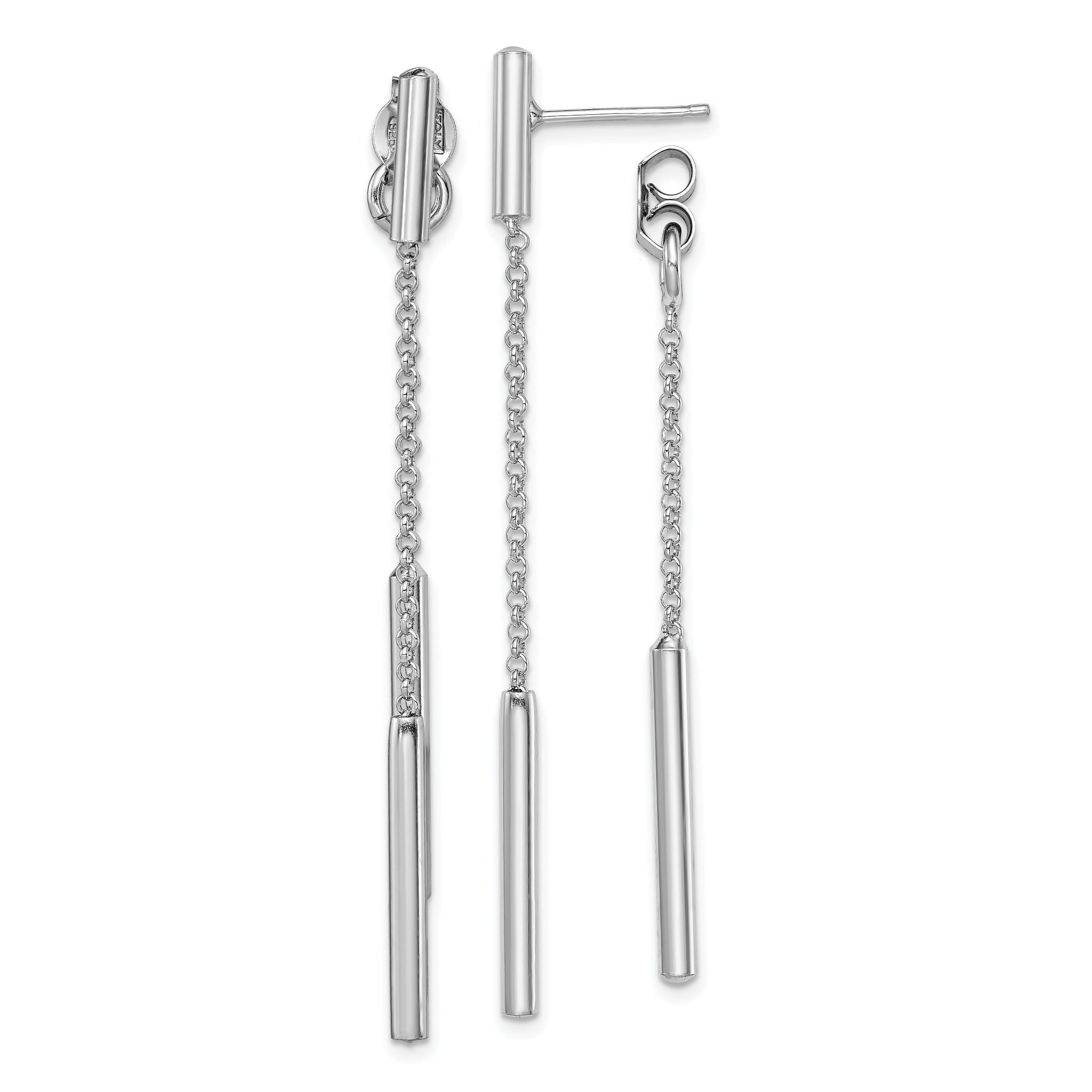Sterling Silver RH-plated Bar & Chain Front/Back Post Dangle Earrings Main image
