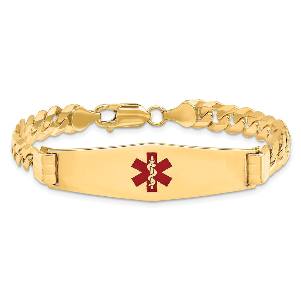 14K Medical Solid Chain/Solid Plate Soft Diamond Shape 40x12mm Centered Red Enamel Curb Link 8 inch ID Bracelet
