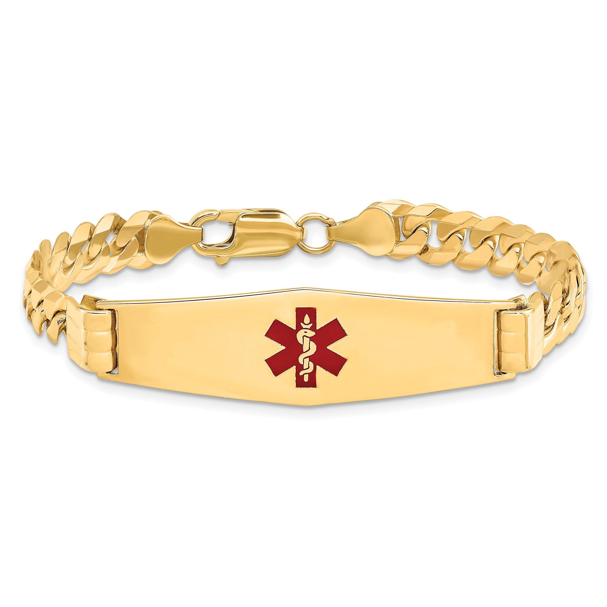 14K Medical Solid Chain/Solid Plate Soft Diamond Shape 40x12mm Centered Red Enamel Curb Link 8 inch ID Bracelet