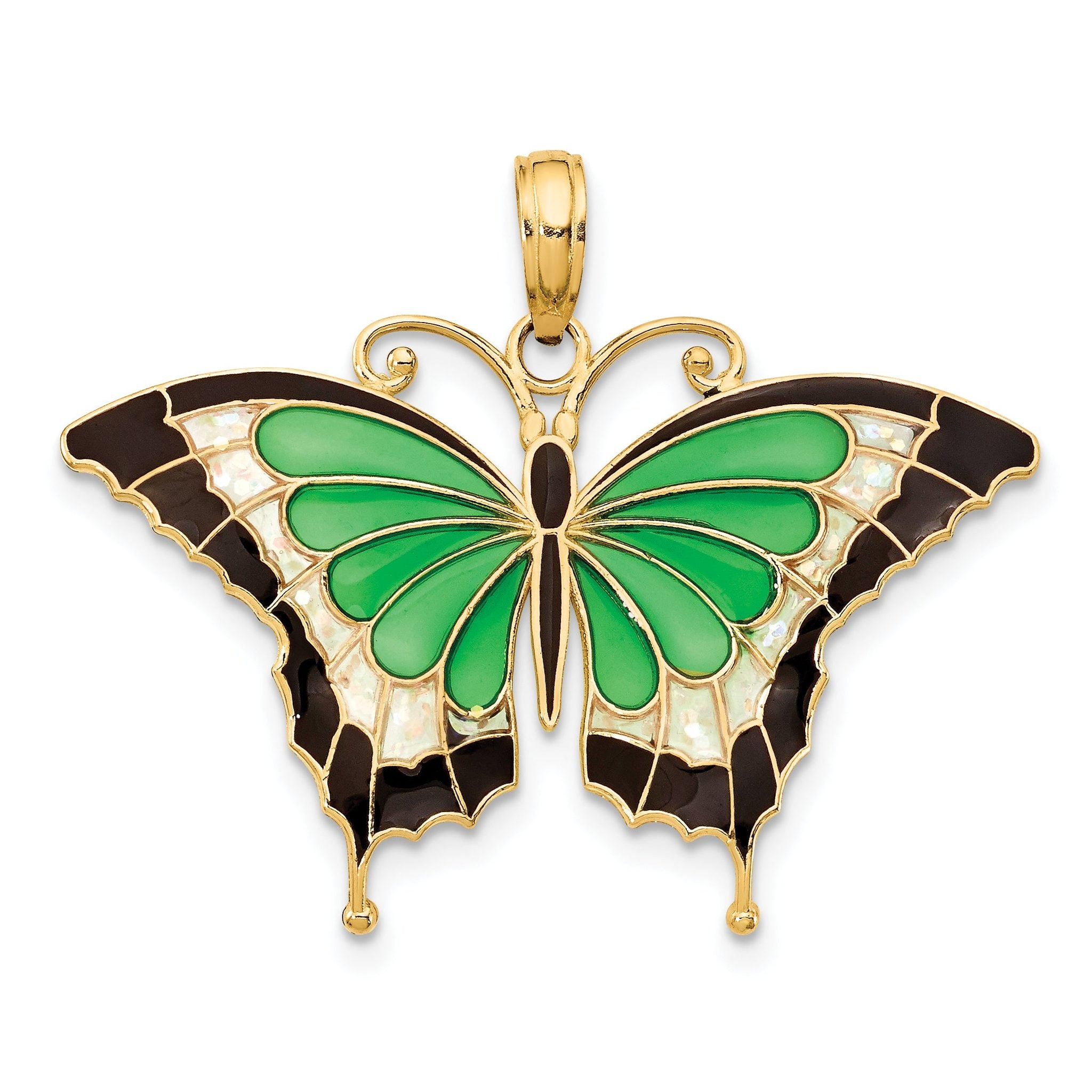 14K Gold Green Enamel Butterfly Pendant with Polished Finish Main image