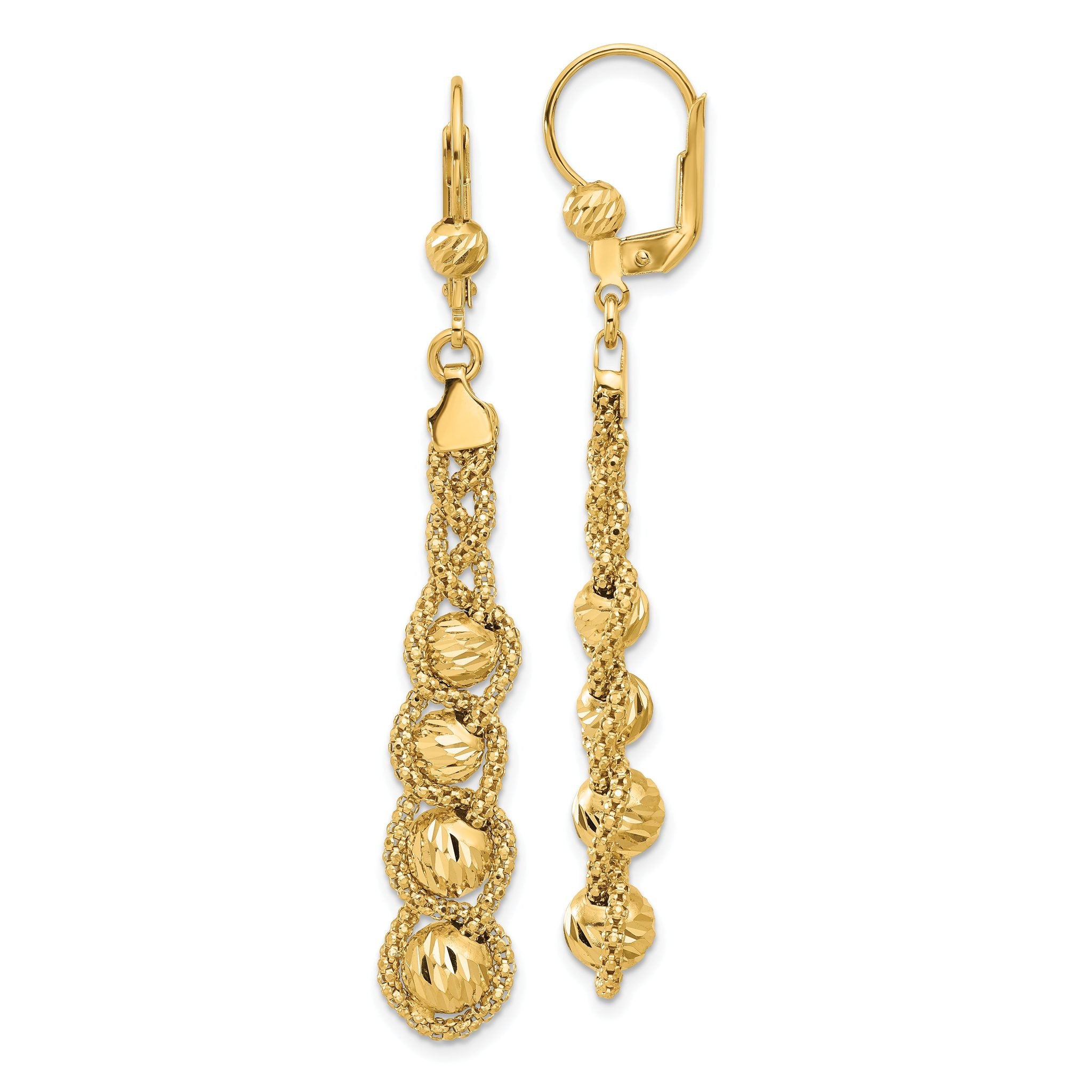 14K Polished Textured and Dia-cut Beaded Leverback Earrings Main image