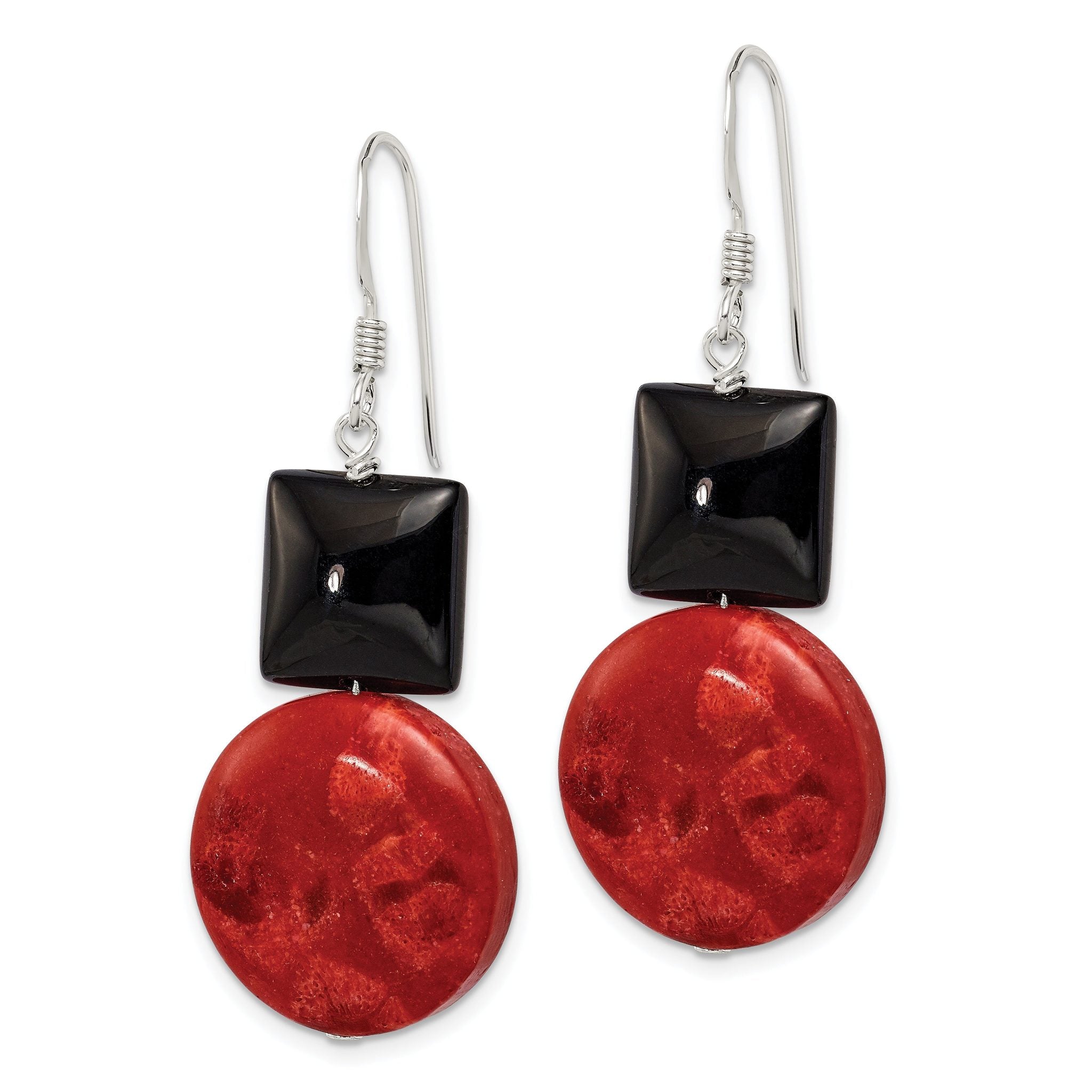 Sterling Silver Polished Black Agate & Recon. Red Coral Dangle Earrings Secondary image