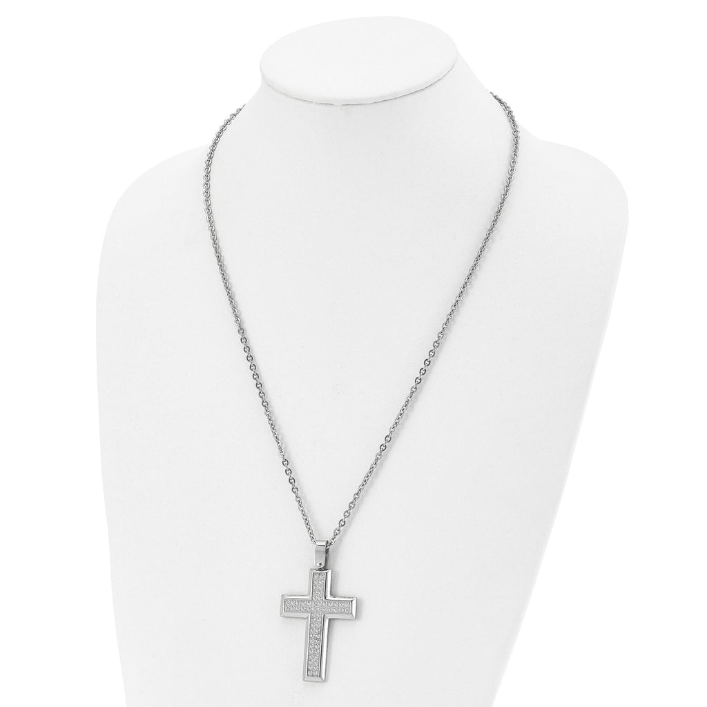 Chisel Stainless Steel Polished CZ Cross Pendant on a 24 inch Cable Chain Necklace