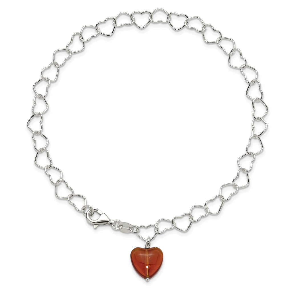 Sterling Silver Link Orange Synthetic Crystal Stone Heart Anklet