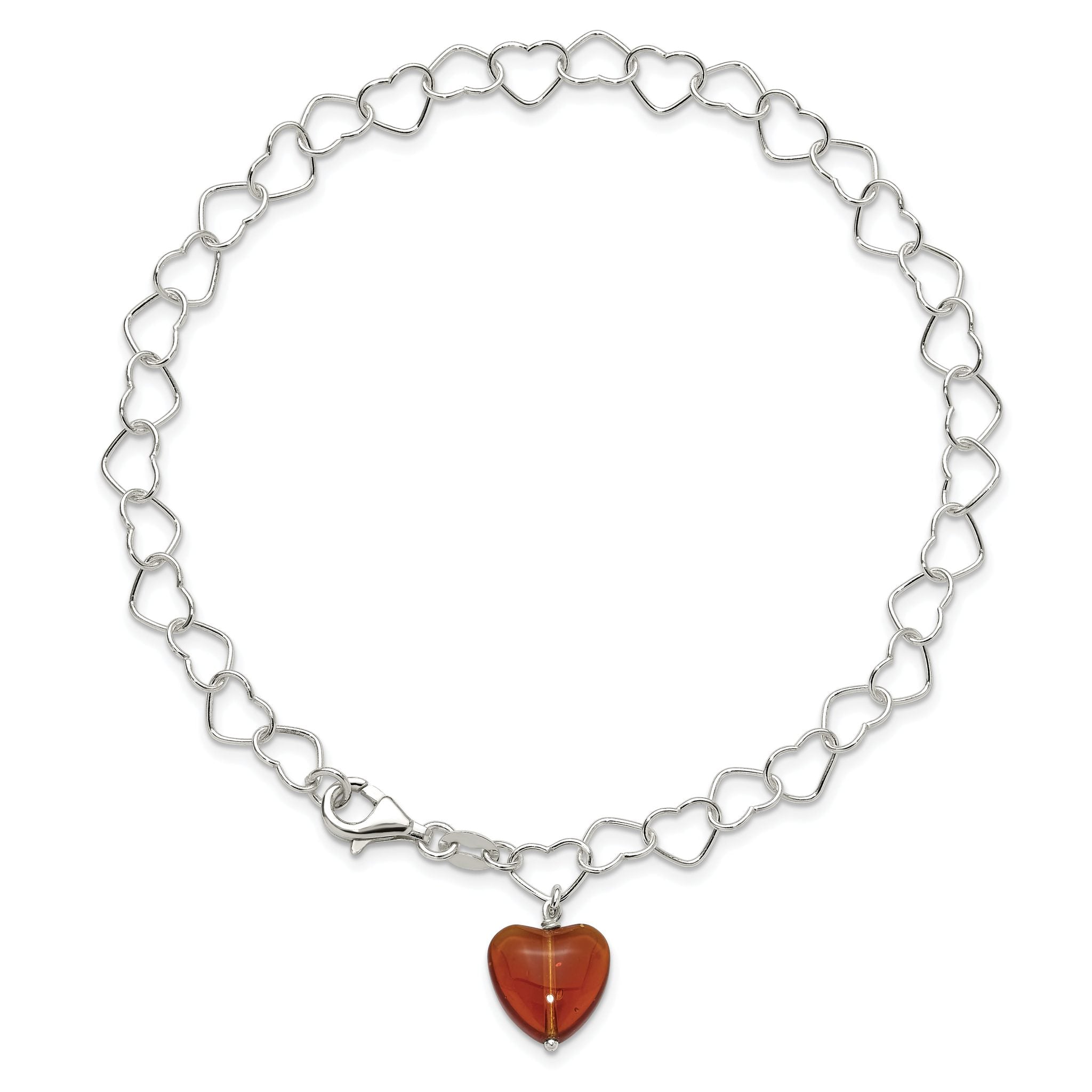 Sterling Silver Link Orange Synthetic Crystal Stone Heart Anklet