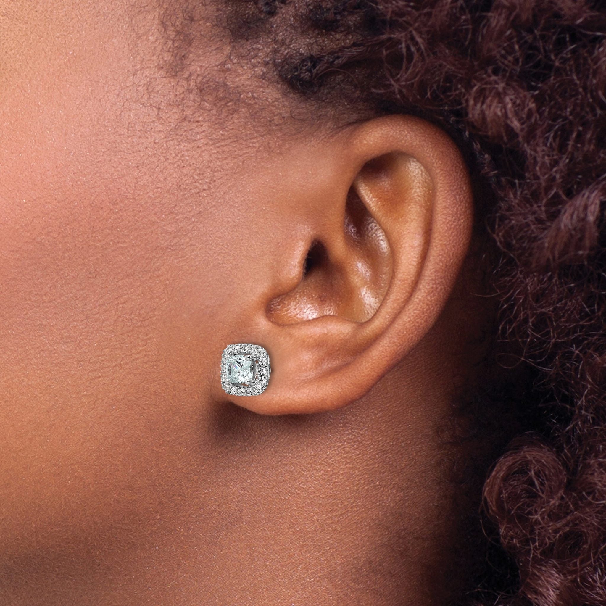14k White Gold 3/8 carat Lab Grown Diamond VS/SI+ G+ March Birthstone Aquamarine Halo Post Earrings