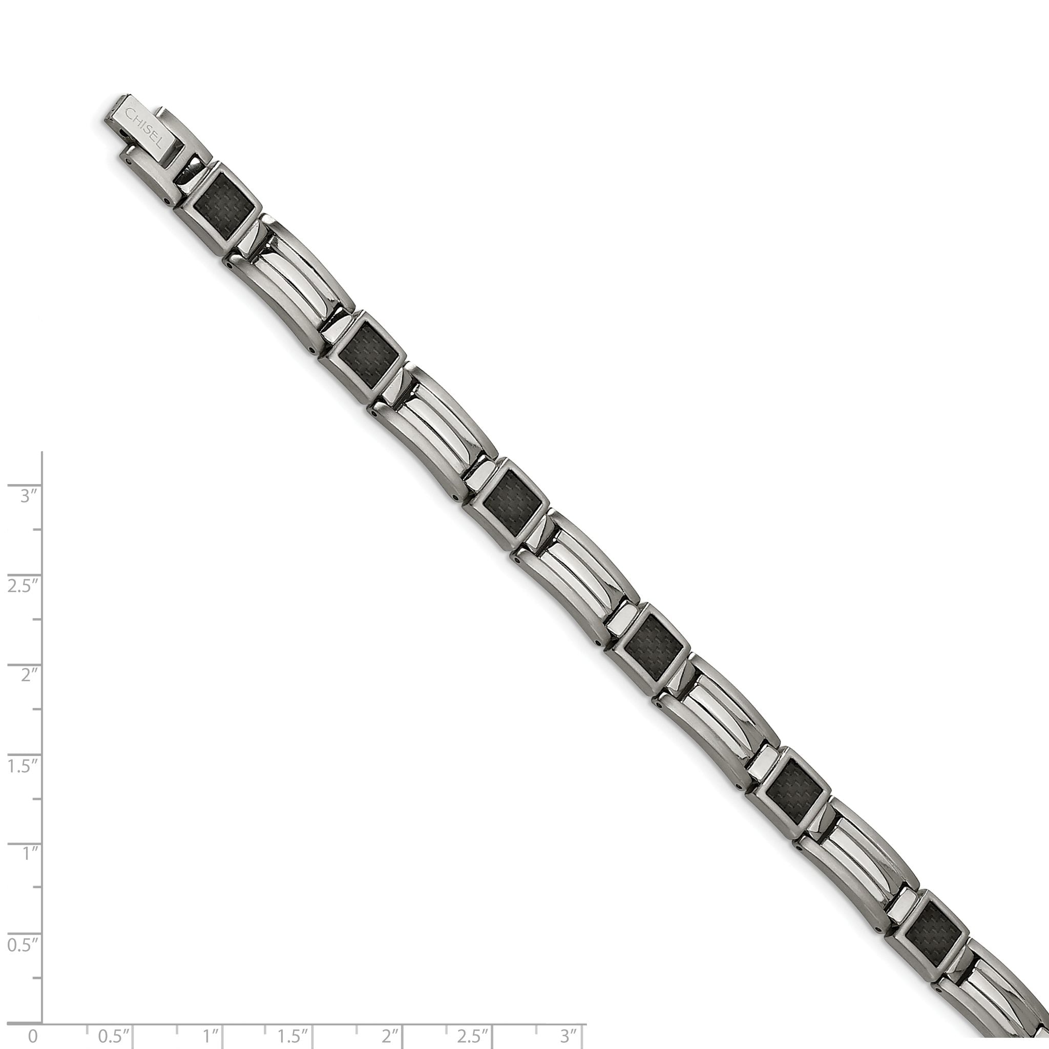 Stainless Steel Polished with Black Carbon Fiber Inlay Link Bracelet for Men