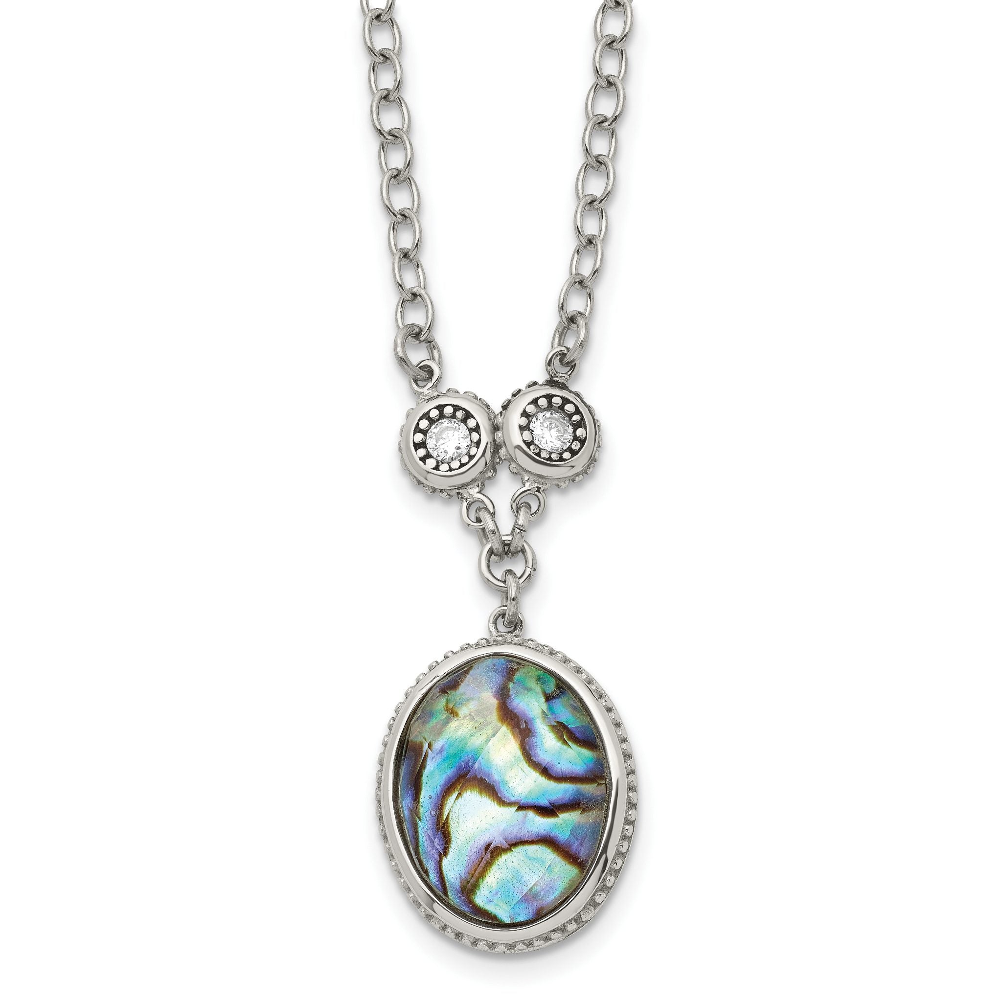 Stainless Steel Antiqued & Polished Imit. Abalone/CZ w/1.5in ext Necklace Main image