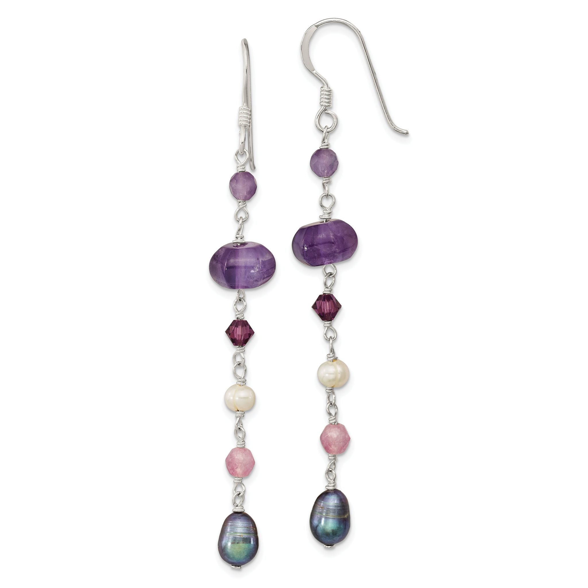 Sterling Silver Polished Amethyst, Lavendar Jade, White & Black Freshwater Cultured Pearl Dangle Earrings Main image