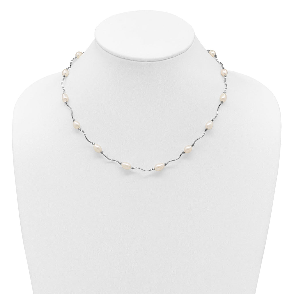 Sterling Silver Rhodium-plated 6-7mm White Rice Freshwater Cultured Pearl 16-Station 18 inch Necklace