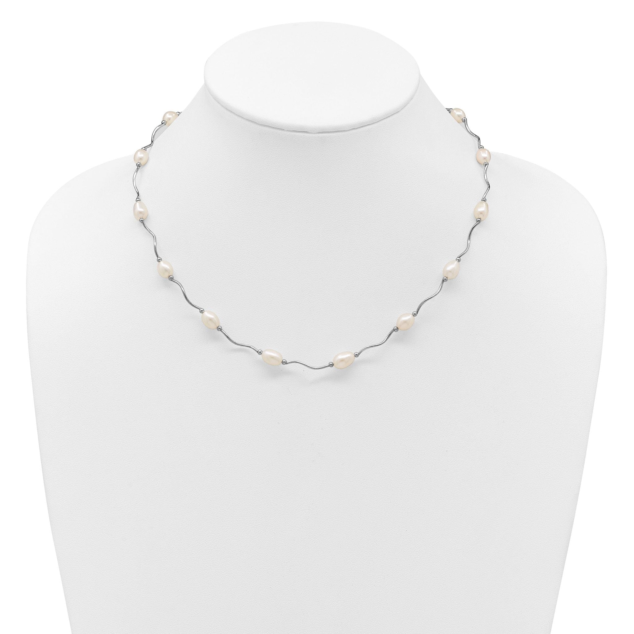 Sterling Silver Rhodium-plated 6-7mm White Rice Freshwater Cultured Pearl 16-Station 18 inch Necklace