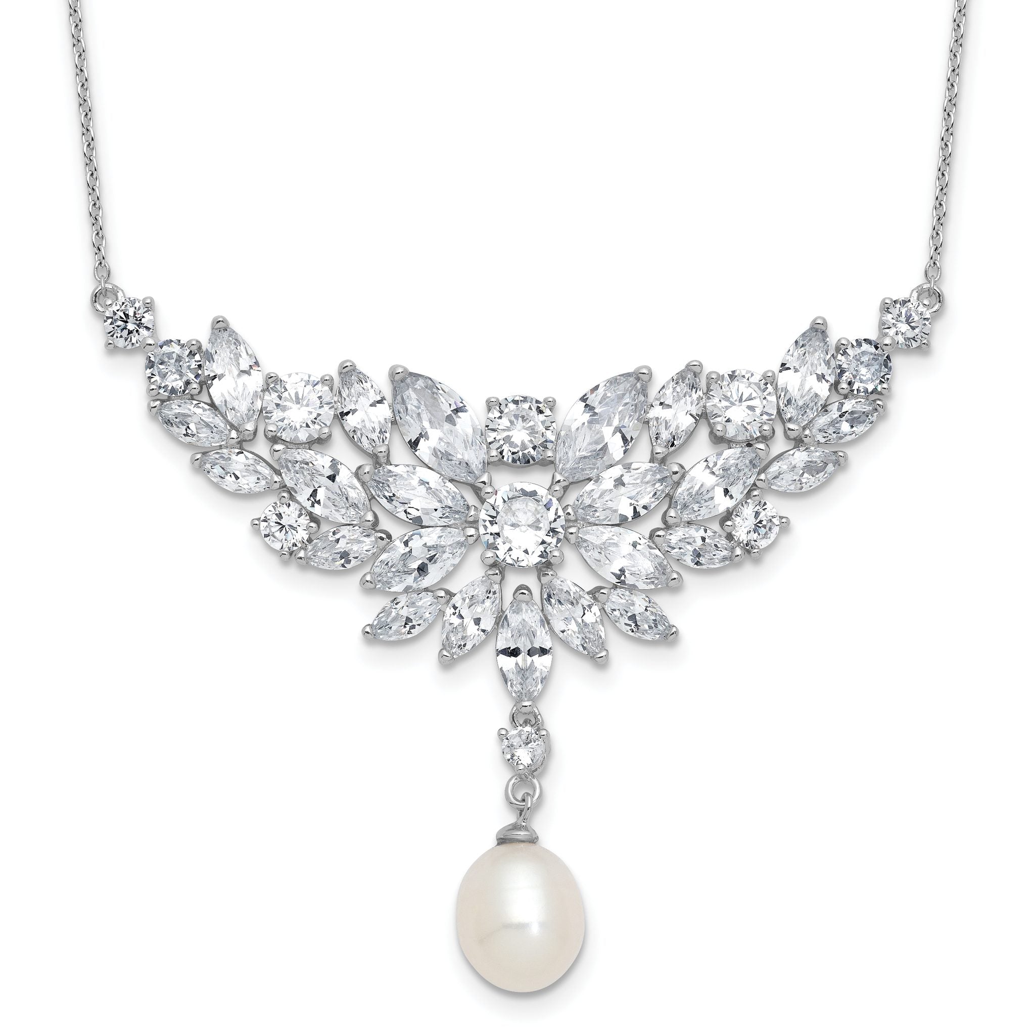 Cheryl M Sterling Silver Rhodium-plated Polished Fancy Freshwater Cultured Pearl and CZ Necklace Main image
