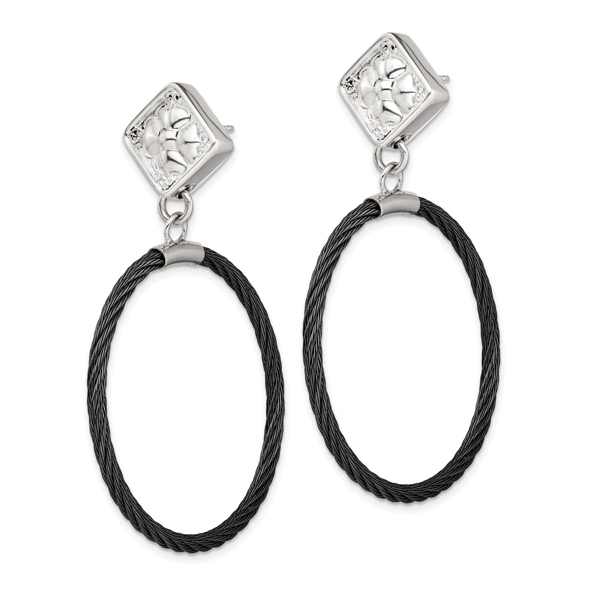 Edward Mirell Black Ti Cable and Sterling Silver Floral Post Dangle Earrings Secondary image
