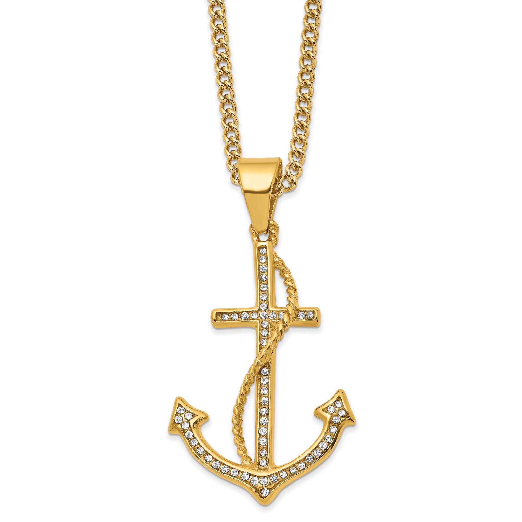 Chisel Stainless Steel Polished Yellow IP-plated with Crystal Anchor Pendant on a 24 inch Curb Chain Necklace Main image