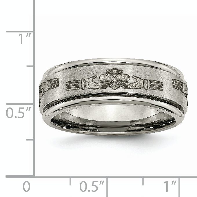 Chisel Titanium Brushed and Polished Claddagh Laser Design 8mm Ridged Edge Band