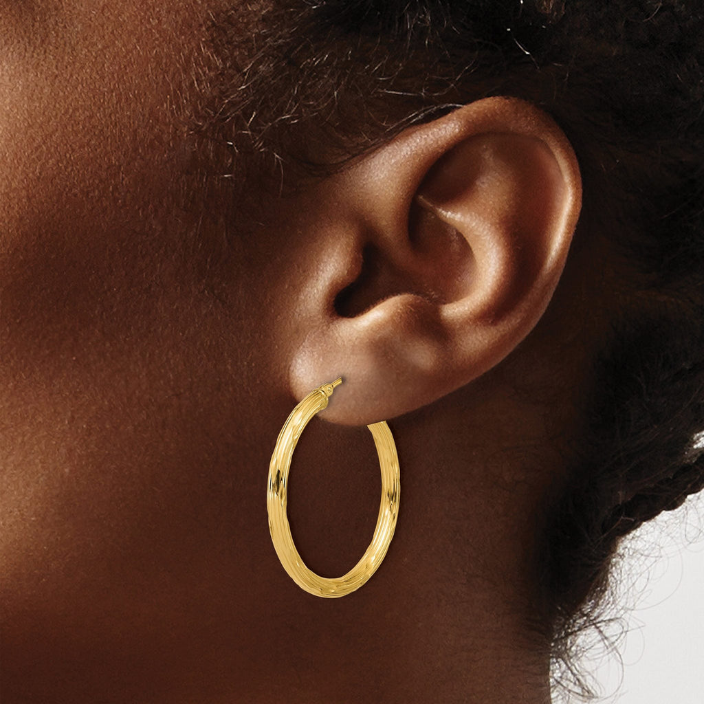 14K Polished and Grooved Round Hoop Earrings
