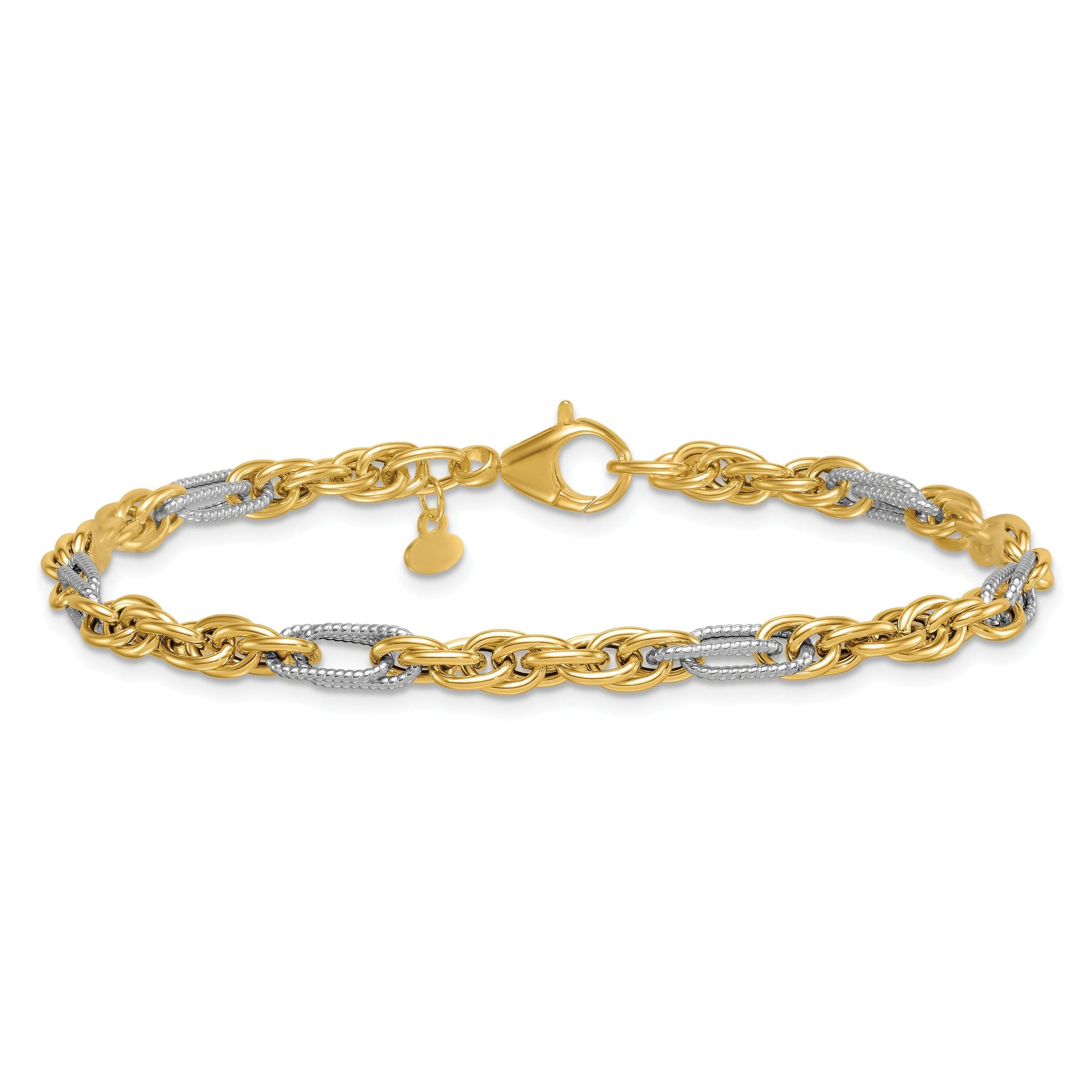 14k with White Rhodium Polished 4.2mm Fancy Rope Chain 7.5 inch Bracelet