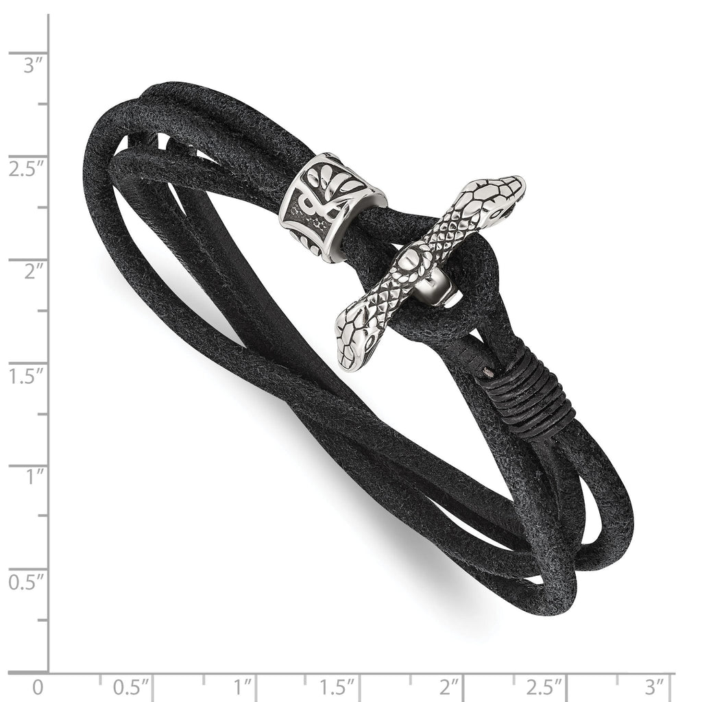 Stainless Steel Antiqued and Polished Snake Heads Black Suede Wrap Bracelet