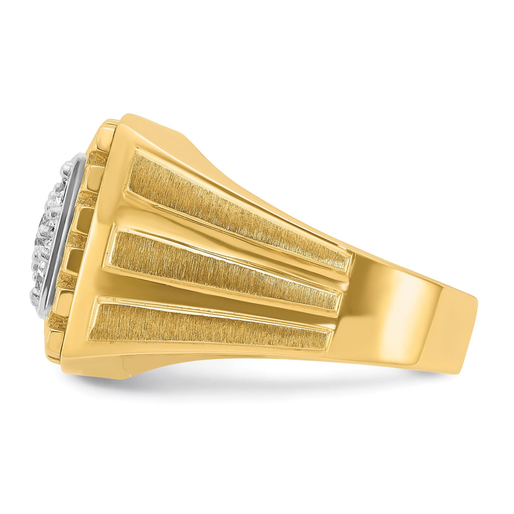 14k Two-tone Men's Polished Satin and Grooved 1 Carat AA Quality Diamond Cluster Ring
