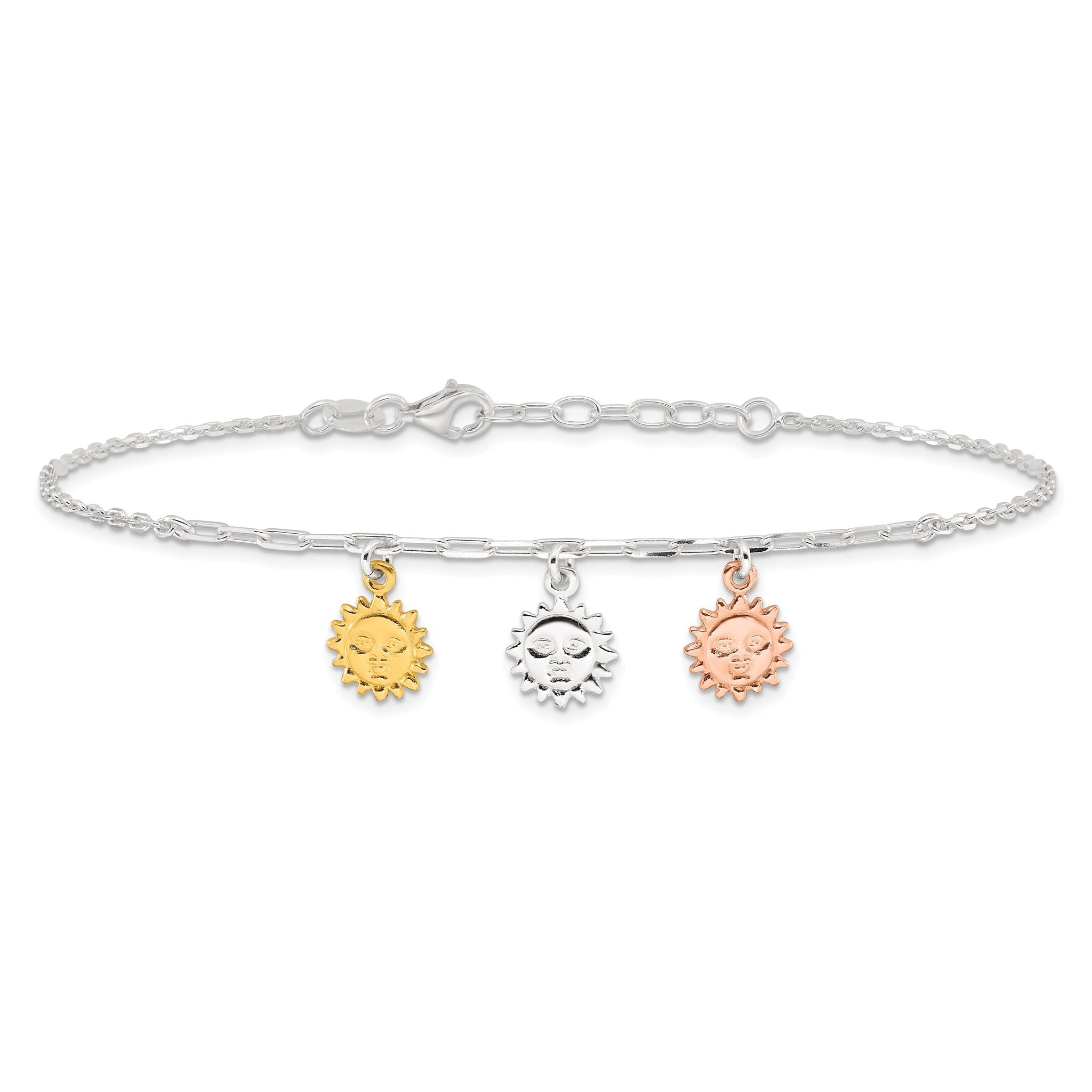 Sterling Silver Rose-tone and Gold-tone Suns 9in Plus 1in Ext. Anklet