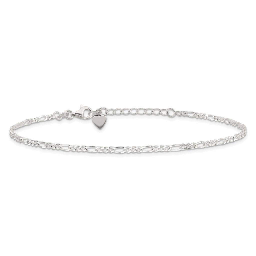 Sterling Silver Figaro Chain 9 inch Plus 1 inch Extender - Total 10 inch Anklet