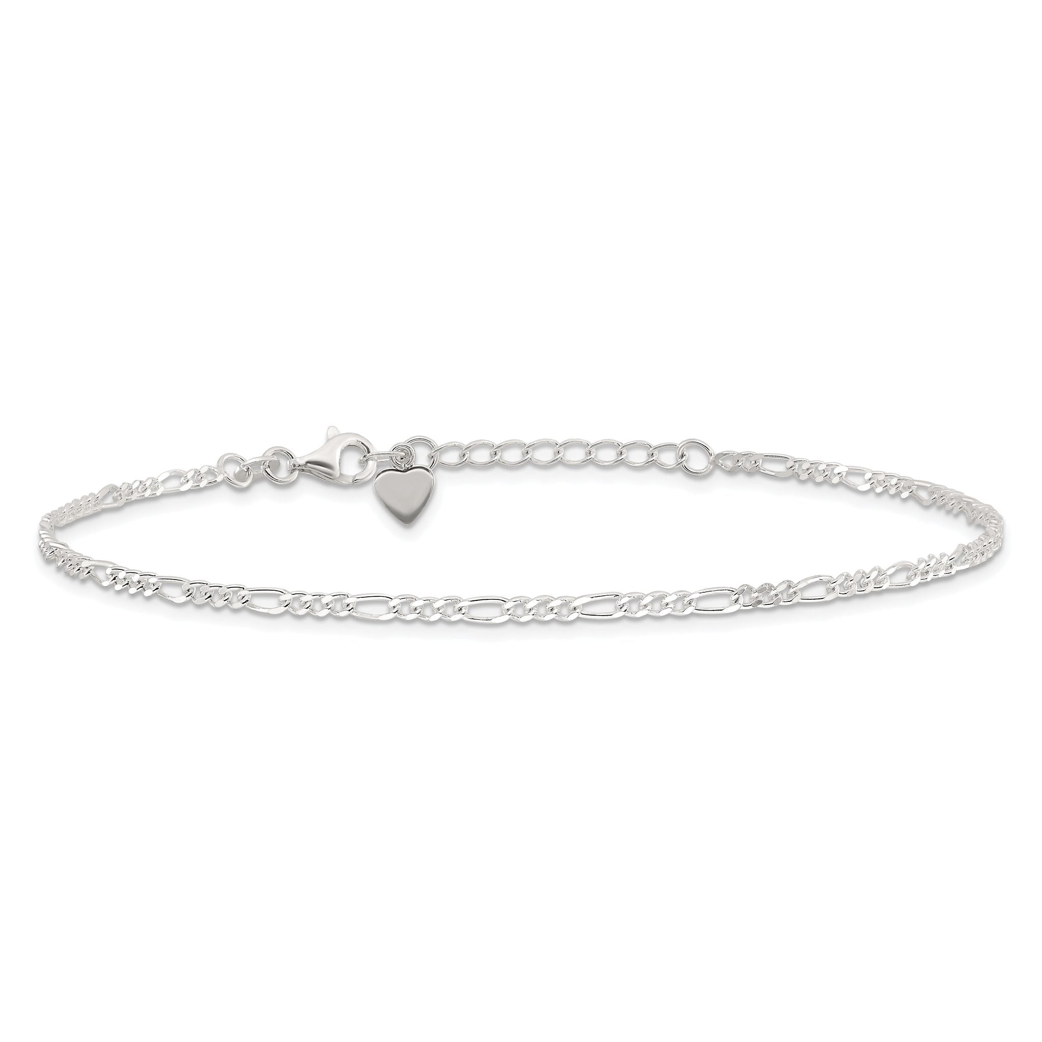 Sterling Silver Figaro Chain 9 inch Plus 1 inch Extender - Total 10 inch Anklet
