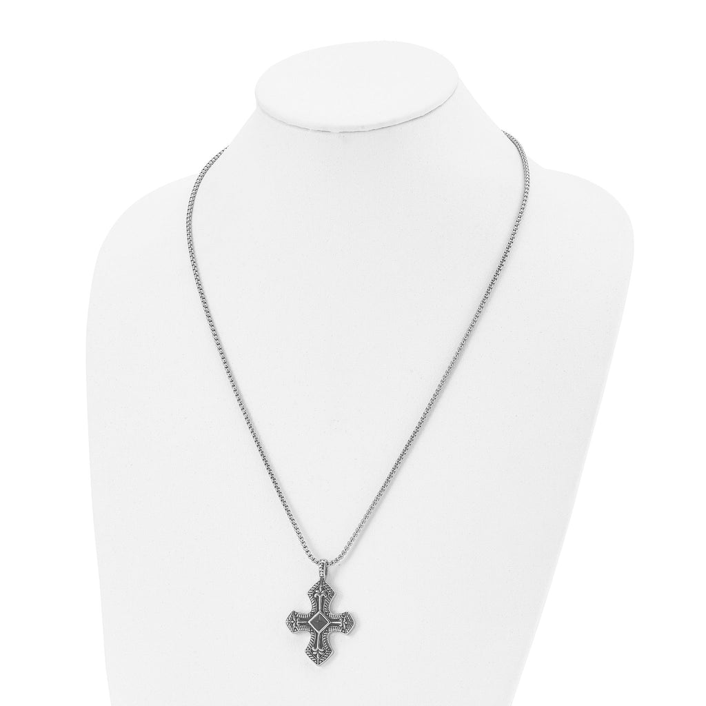 Black Agate Cross Necklace in Stainless Steel