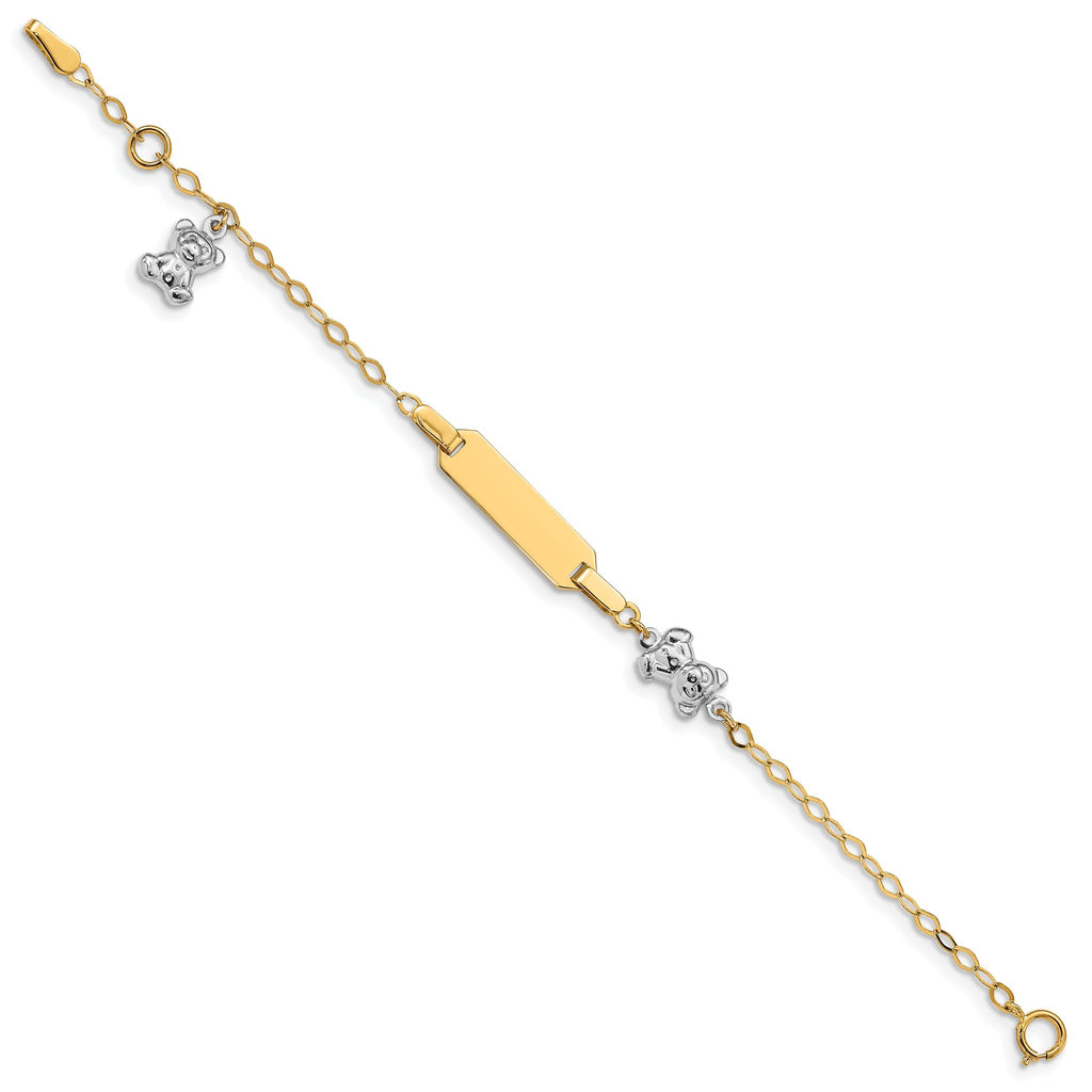 14k Two-tone Polished Teddy Bears and 18x5mm Plate 5.5 inch Baby/Child ID Bracelet with 0.5 inch Extender