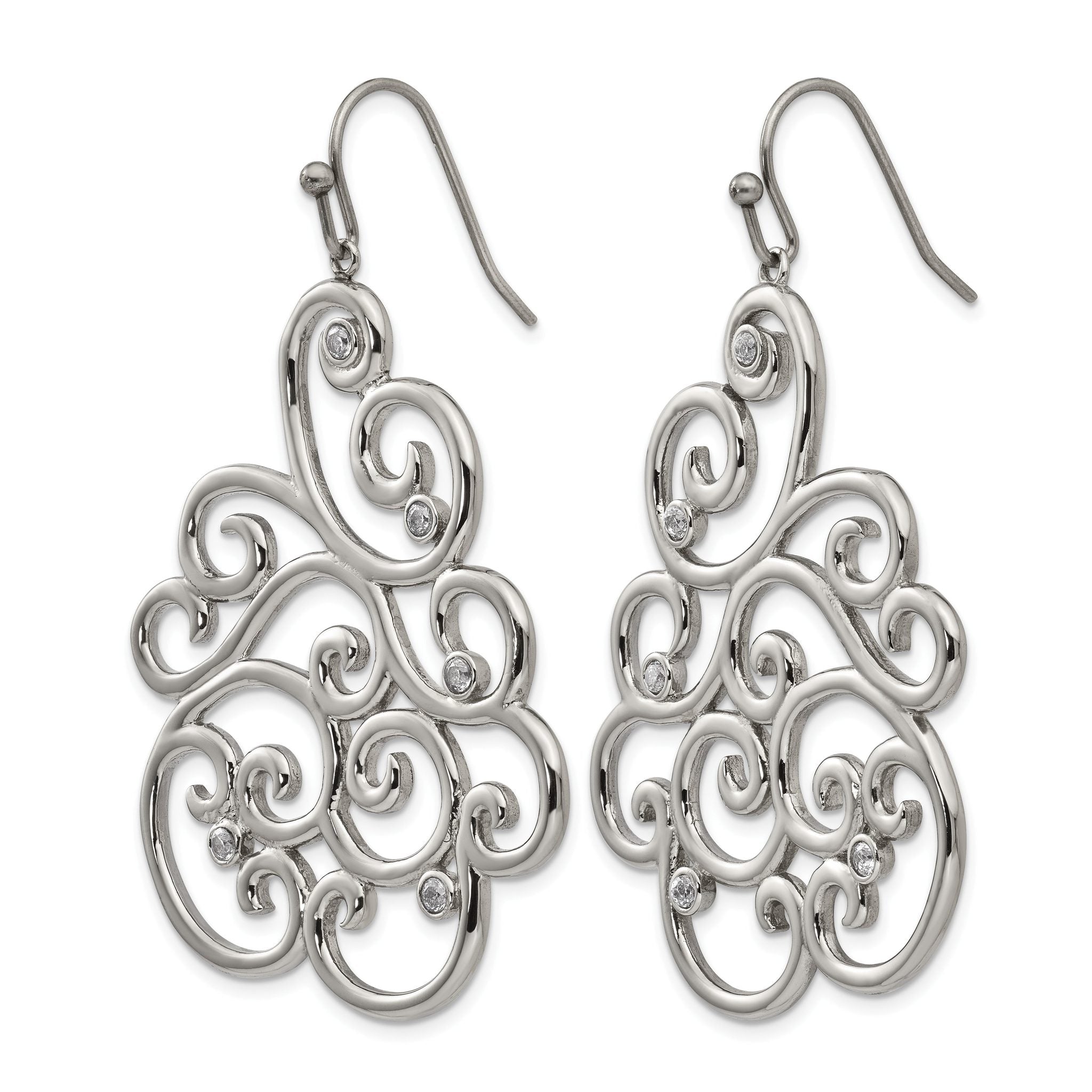 Stainless Steel Polished Filigree Cubic Zirconia Drop Dangle Earrings for Women