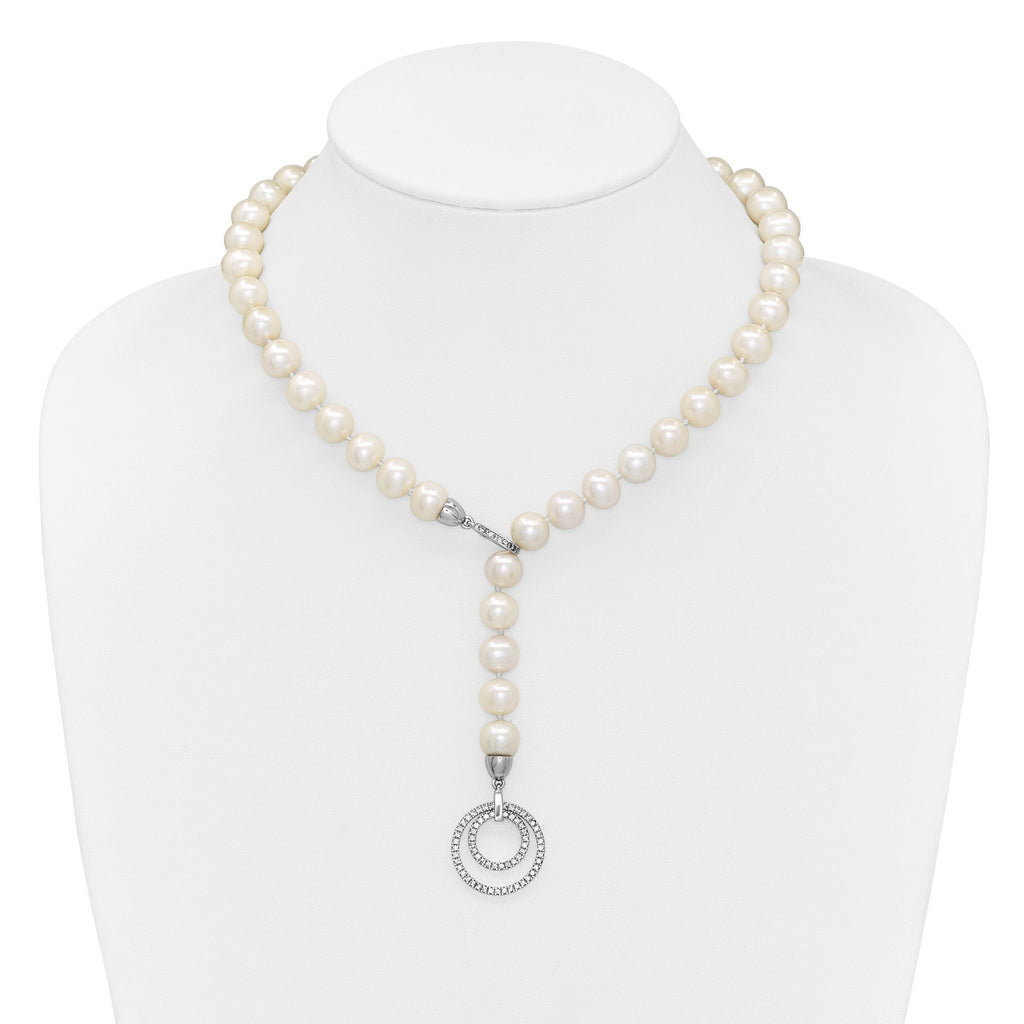 Sterling Silver Rhodium-plated 10-11mm White Near-Round Freshwater Cultured Pearl and CZ Clasp Adjustable 19.5 inch Necklace